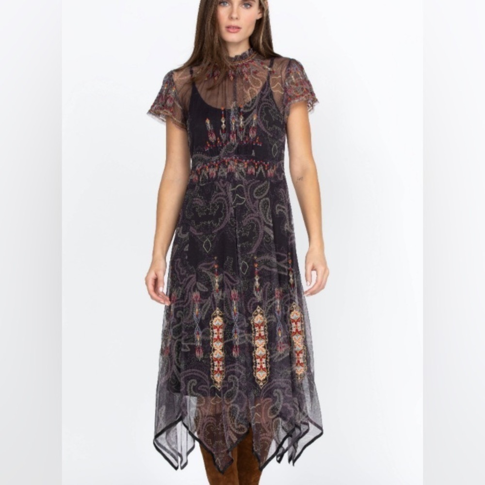 Johnny Was Leticia Mesh Embroidered Slip Asymmetric Midi size M